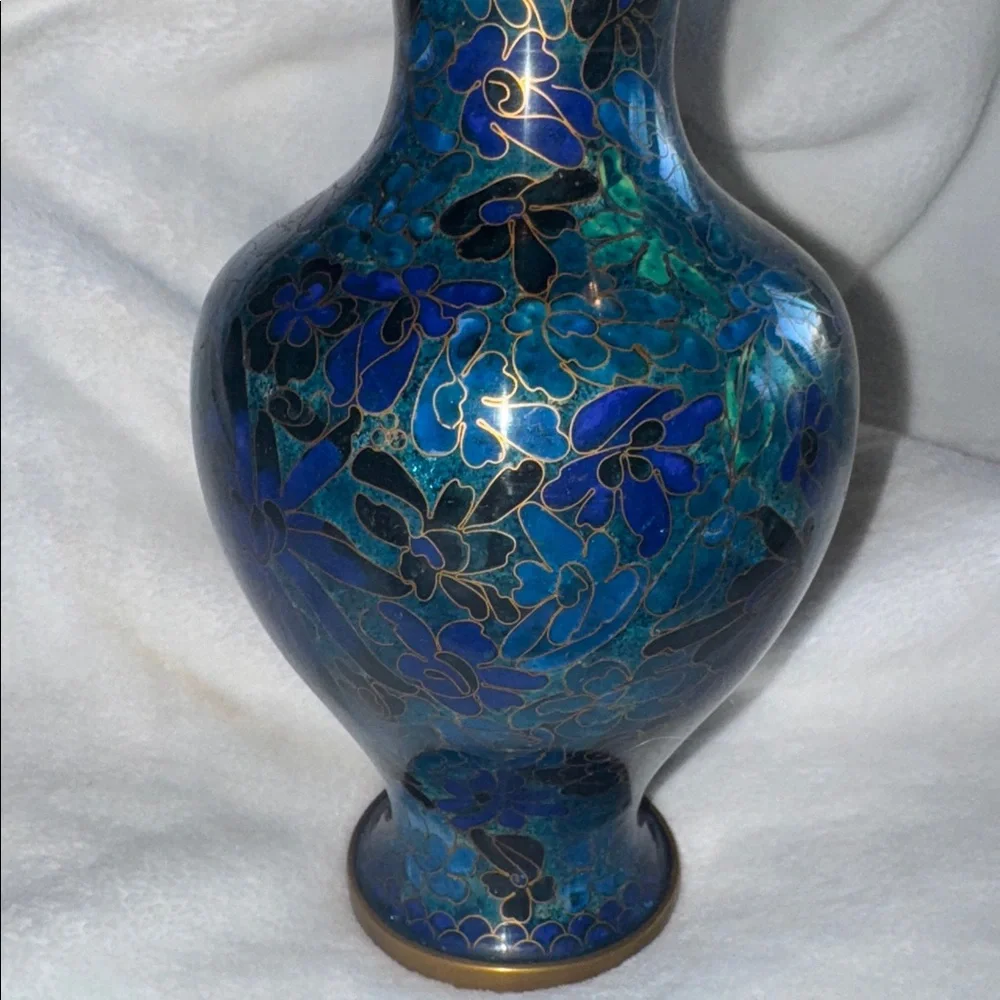 Vintage Chinese Cloisonne Vase Blue Floral Enamel Brass Accents 8 Inch Decor